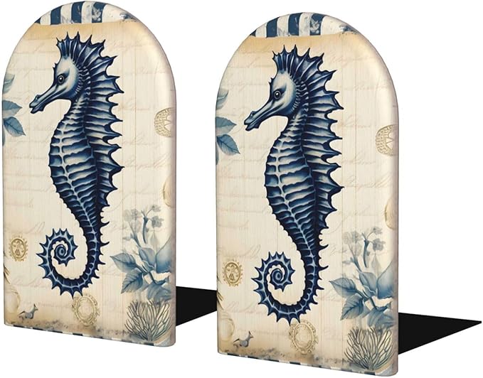 Retro Ocean Hippocampus Sea Animal Wood Book Ends for Shelves, Non-Skid Bookends for Office, Library, and Home Decor, 1 Pair