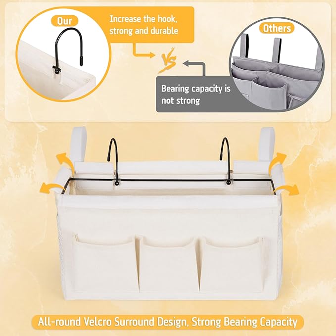 Lilithye Bedside Caddy Organizer with Fixed Straps and Water Bottle Holder for Home, College Dorm, Hospital, Crib and Bunk Bed (2pcs White)