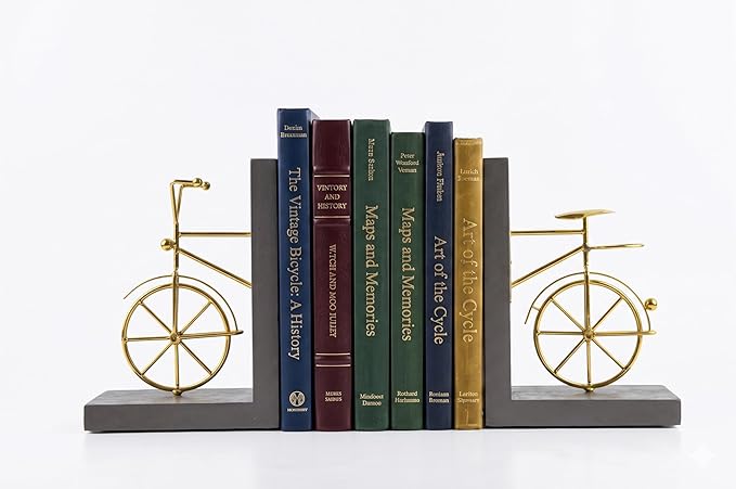Bicycle Bookend Supports, Decorative Book Stoppers with Non-Skid Bottom, Handcrafted Distressed Wood & Metal Book Stand, Display for Bookshelf Office Desktop, 1-Pair, Golden & Brown