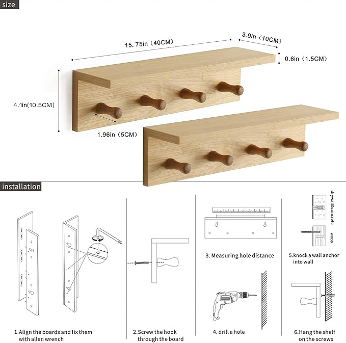Entryway Coat Rack Hooks with Shelf, Sturdy Wooden Floating WallOrganizer Shelf with 4 Hooks siutable for Entrance, Mudroom, Kitchen, Bathroom,.etc(2pc-Oak Finish)