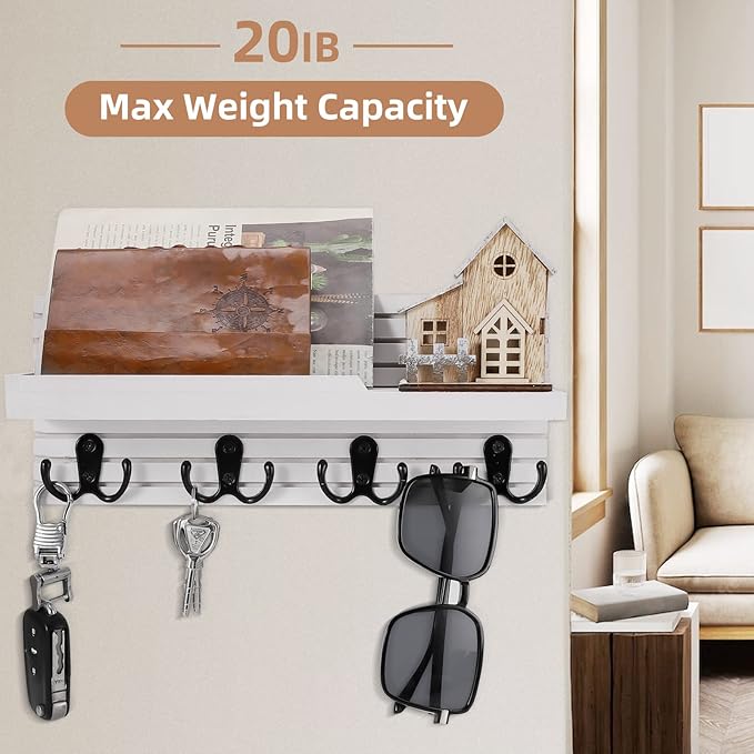 Decorative Key Hanging Rack with 4 Double Hooks – Easy Install Natural Wooden Key and Mail Holder for Wall Mount – Entryway Decor Rack with Shelf (White)