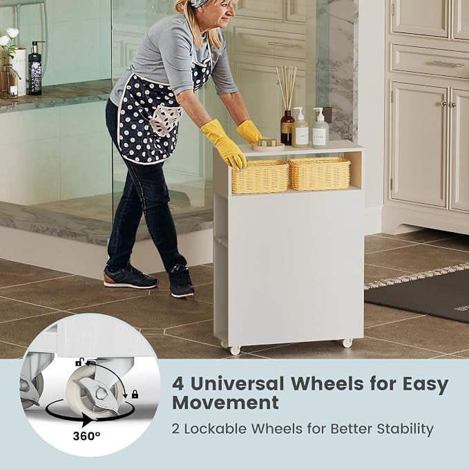 Tangkula Slim Bathroom Storage Cabinet, Movable Narrow Toilet Side Cabinet w/2 Slide Out Drawers, 2 Rattan Baskets & Shelves, Toilet Paper Holder on Wheels for Small Spaces