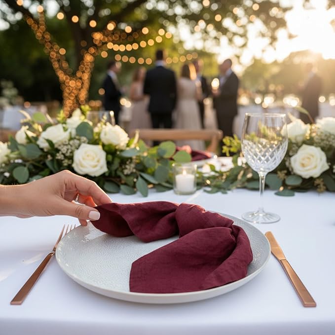 Linen Napkins –100% French Flax – Stonewashed Pure Linen Cloth Napkins - Size 18 Inch x 18 Inch – Set of 4 (Plum Burgundy)