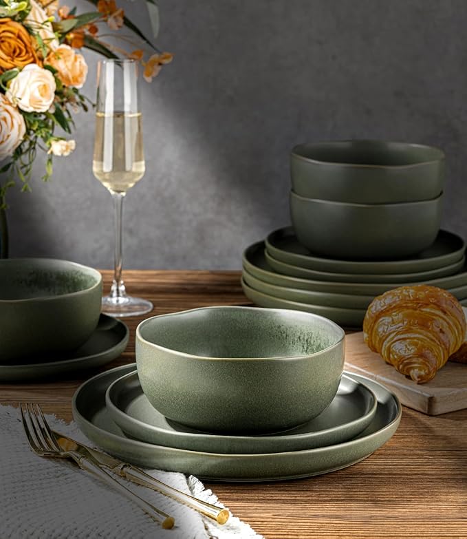 AmorArc Ceramic Dinnerware Sets, Wavy Rim Stoneware Plates and Bowls Sets,Dishwasher & Microwave & Oven Safe Dishes set, Service for 4 (12pc)