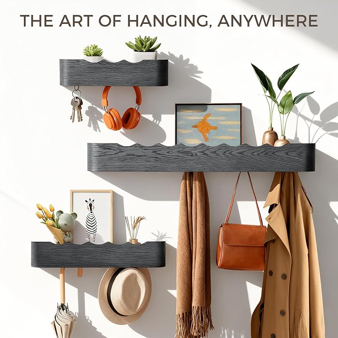 Coat Rack Wall Mount with Shelf Entryway Shelf Modern Key Holder Hanger Wall Shelves with Hidden Hooks for Hanging Towels Coats Hats Bags for Hallway Bathroom Bedroom (Wavy Black, 5 Hooks)