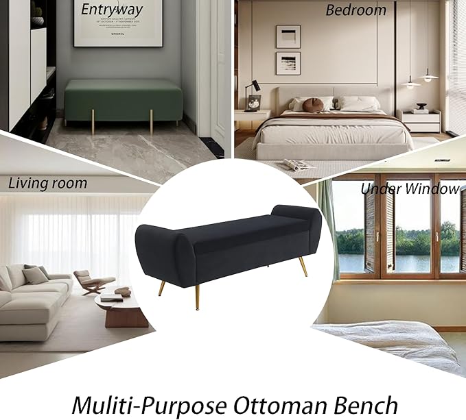 Velvet Storage Bench for Bedroom, 57" Long Bench for King Size Bed, Modern Upholstered End of Bed Ottoman Bench with Arms and Gold Legs for Entryway Living Room (Black)