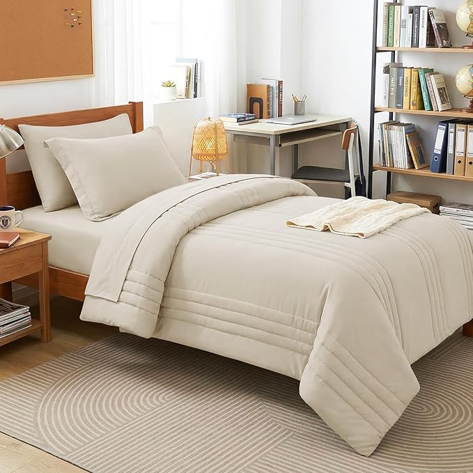CozyLux Twin XL Size Comforter Sets - 5 Piece Bed in a Bag Beige Comforter Set with Sheets Luxury Bed Set All Seasons, Soft Bedding Set with Down Alternative Comforter, Sheets, Pillowcase & Sham