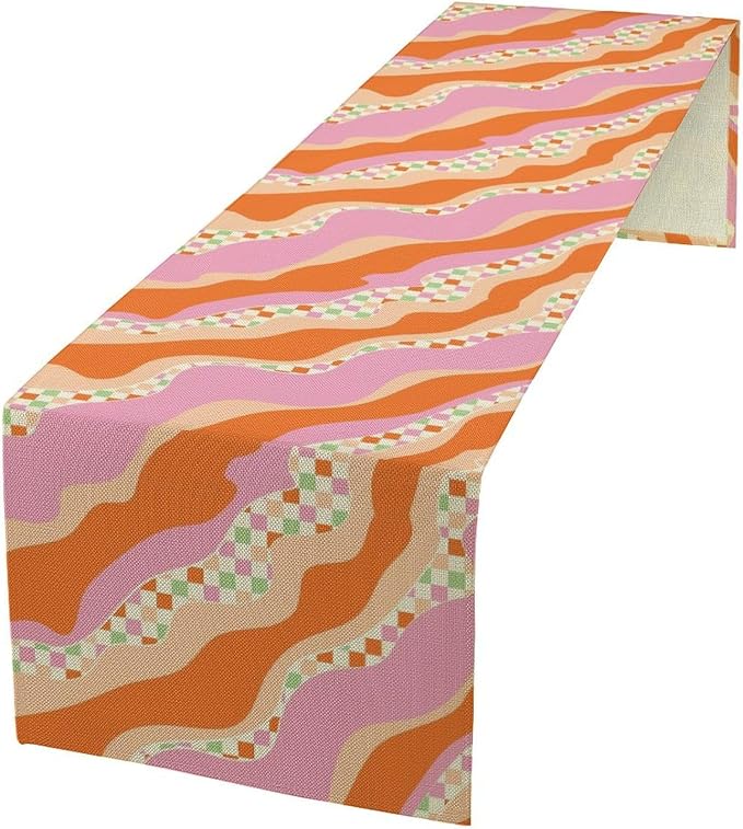 Groovy Rainbow Table Runner Hippie Abstract Rainbow 70s Colorful Geometry Retro Printed Dinner Runner for Living Room Kitchen Decoration 13x90in