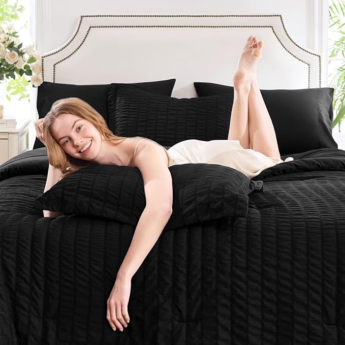 CozyLux Oversized King Comforter Set Black Seersucker 7 Pieces 120x98 Bed in a Bag Comforter Set with Sheets, Luxury Soft Bedding Sets with Down Alternative Comforter, Sheets, Pillowcases & Shams