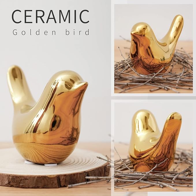 2 Pcs Ceramic Small Bird Figurines Modern Animal Statues for Home 、Room Decor and Bedroom Decor and Bookshelf Display (Gold)