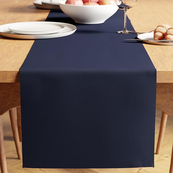 Encasa XO Dining Table Runner 13"x79" | Yarn Dyed Fine Ribbed Cotton | Solid Navy Blue | Machine Washable