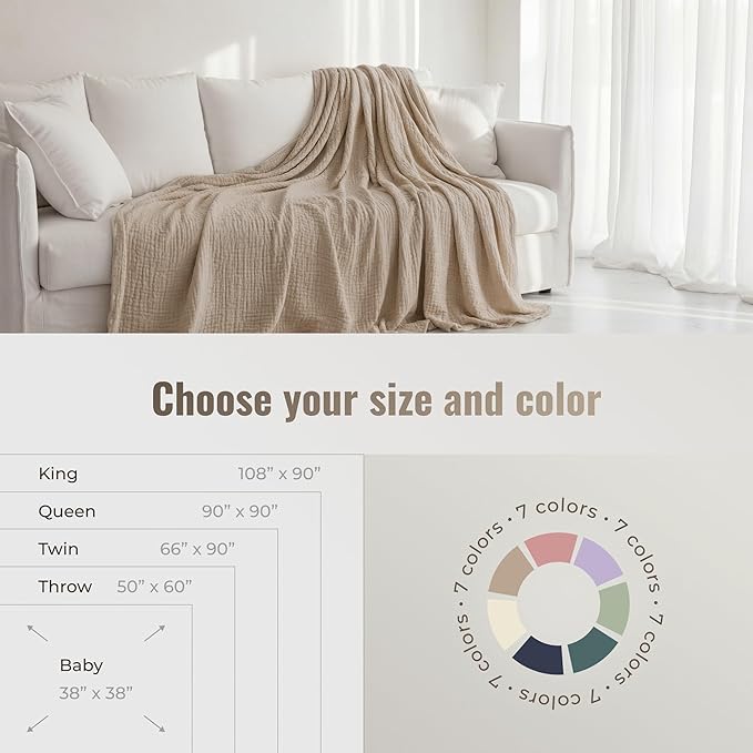 4-Layer Muslin Cotton King Bed Blanket (108 x 90 inches) – Ultra Soft, Breathable & Lightweight All-Season Gauze Blanket, Cozy Comfort, Machine Washable – Tan
