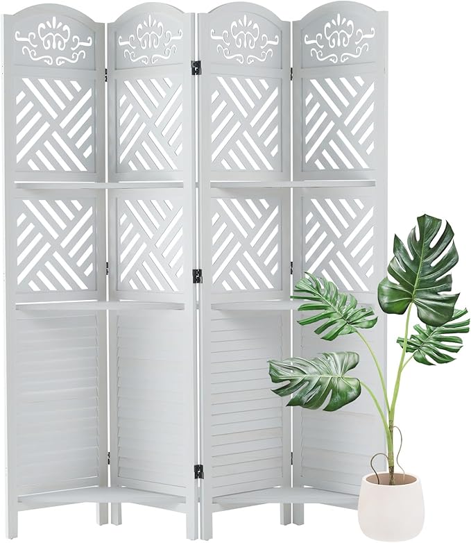 Room Divider with Shelves, 5.75ft Tall Folding Wood Carved Screen with Double Hinges for Home Office Bedroom Hotel Decoration (4 Panels, Pure White)