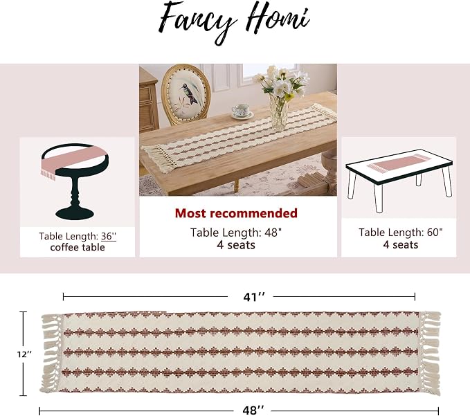 Fancy Homi Rust Boho Cotton Polyester Table Runner 48 Inches Long, Farmhouse Macrame Table Runners with Tassels for Home Party Bohemian Rustic Bridal Shower Kitchen Dining Decor 12x48 Inches