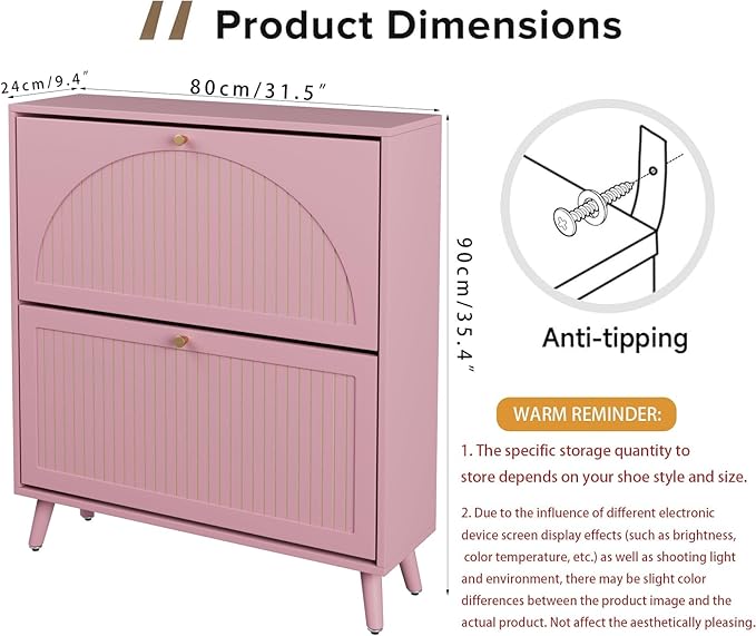 Fsbecl Shoe Storage Cabinet for Entryway with 2 Flip Drawers, Narrow Wood Shoe Cabinet with Fluted Panel, Freestanding Hidden Shoe Organizer for Foyer, Hallway (Pink - with Shelf)