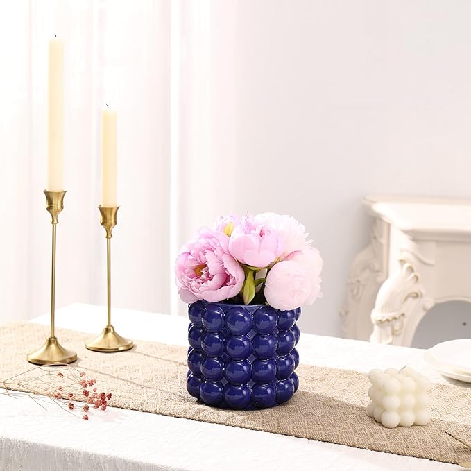 Blue Bubble Vase, Small Short Vase, Ceramic Flower Vases, Unique Decorative Vases for Flowers, Living Room, Bedroom, Office, Shelf, Coffee Table, 5 Inches