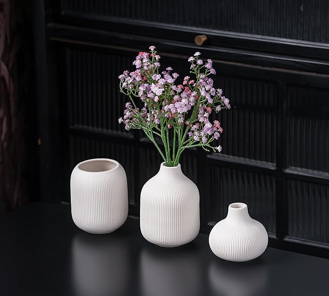 White Ceramic Vases for Decor, 3 Set Small Modern Minimalist Ribbed Vases Decorative for Table Shelf Decor Bookshelf Decoration Vase