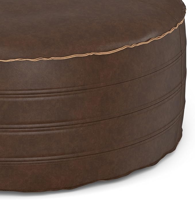 SIMPLIHOME Brody Round Pouf - 20 inch Wide Upholstered Vegan Leather Ottoman in Distressed Dark Brown, Boho Footstool or Extra Seating for Living Room or Bedroom with Polystyrene Filling, Assembled