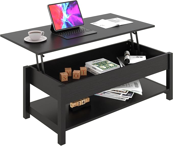 Panana Lift Top Coffee Table with Hidden Compartment and Open Shelf, Lift Tabletop Pop-Up Tea Table for Living Room, 45.28" L, Black
