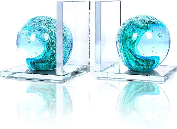 Glass Book Ends Set of 2, Handmade L-Shaped Bookends with Sea Wave Ball Design – Non Skid Heavy Duty Book Stopper for Shelves, Desk, and Home Office Decorative