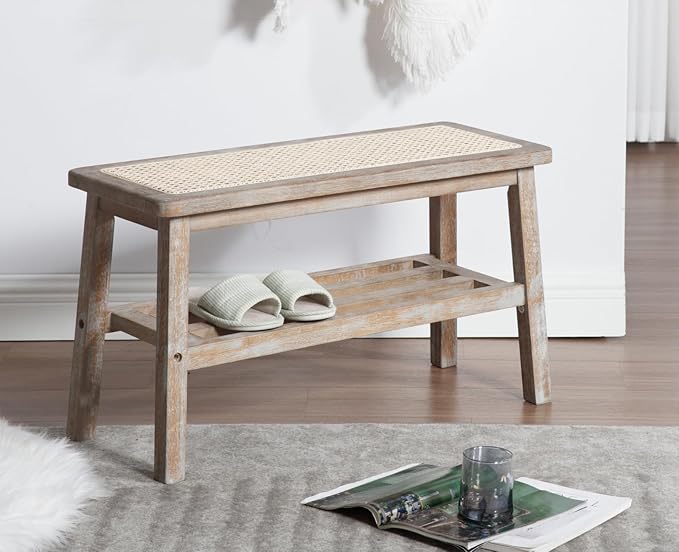 Shunzhi Rattan Entryway Bench with Shoe Rack Natural Wood Storage Bench Indoor Wicker 30 Inches Small Bench Farmhouse Cane Vintage Rustic Accent Bench for Living Room/Bedroom/Hallway/Porch