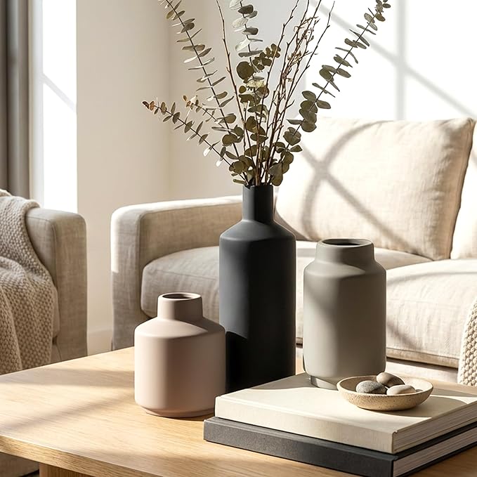 Ceramic Vase Set of 3, Modern Farmhouse Boho Table Centerpiece Vases, Small Flower Pottery for Coffee Bar Shelf Bookshelf Living Room Kitchen Decor, Rustic Home Decor Accents
