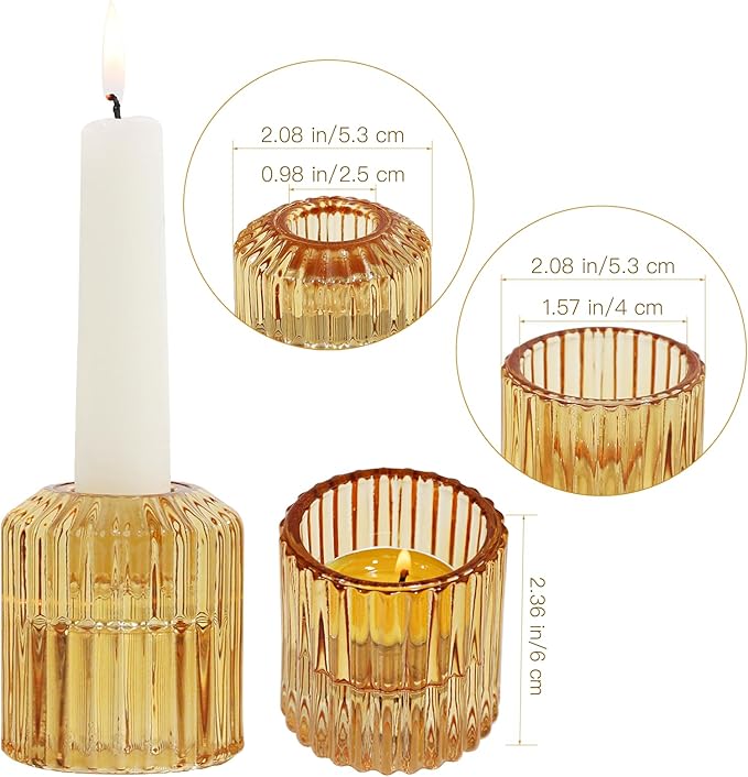 Reversible Amber Glass Candle Holder Set of 3, Thick Heat-Resistant Glass Candlestick Holders for Taper, Tealight, Votive, LED Candles, Perfect for Wedding, Party, Home Décor