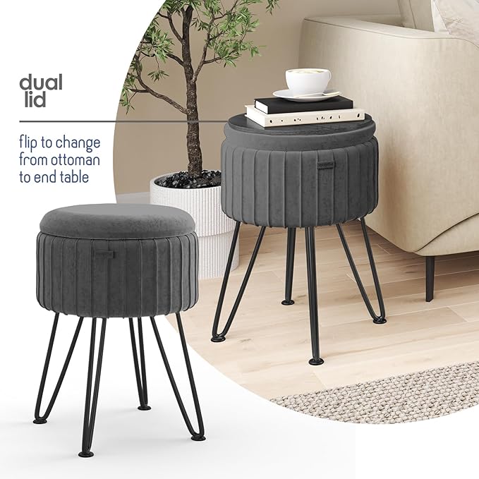 Round Ottoman with Storage, Pleated Velvet Storage Ottoman, Foot Stool Ottomans, Makeup Vanity Stool, Small Ottomans Foot Rest, Modern Vanity Stools for Living Room and Bedroom, Grey