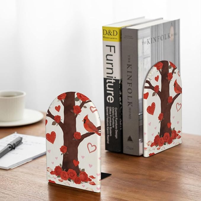 Birds with Red Flowers Trees Hearts 2 Pack Decorative Bookends 6.7x4.2 in, Book Ends for Home Office Library Shelves Decor Room Kitchen Desktop