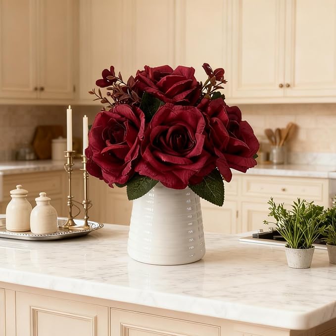 Elegant Artificial Red Rose Bouquet in White Ceramic Ribbed Vase, Silk Floral Arrangement for Home Decor, Wedding Centerpiece, Living Room Decoration