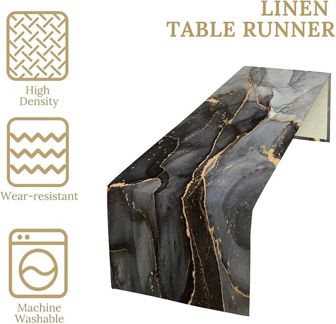 Marble Table Runner,Modern Luxury Black Gray Gold Texture Aesthetic Art Pattern Table Runner for Coffee Table Dining Room Table Bedroom Party Holiday Decor 13x90inch