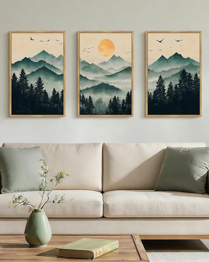 PHOPAGO Mountain Landscape Fog Pine Tree Framed Wall Art Large Large 16x24in Watercolor Nature Misty Forest Artwork Paints Sun Rise Farmhouse Rustic Decor for Bedroom Living Room - Natural Framed