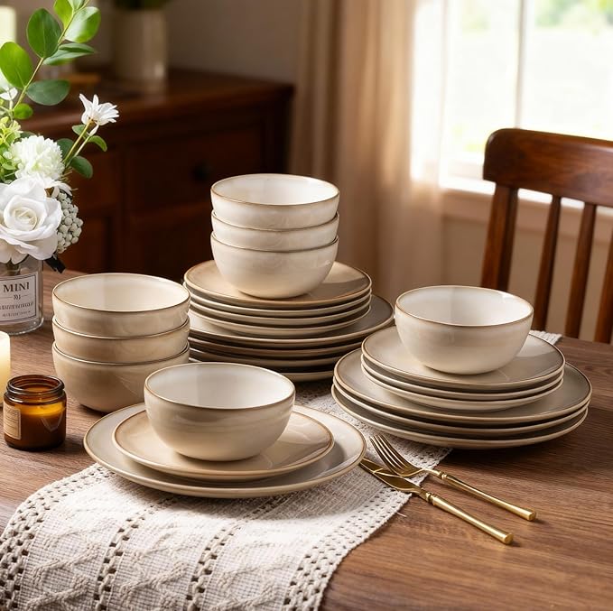 AmorArc Stoneware Dinnerware Sets for 6, 18 Pieces Handpainted Ceramic Plates and Bowls Set, Scratch Resistant Dishes Set, Dishwasher & Microwave Safe, Cappuccino