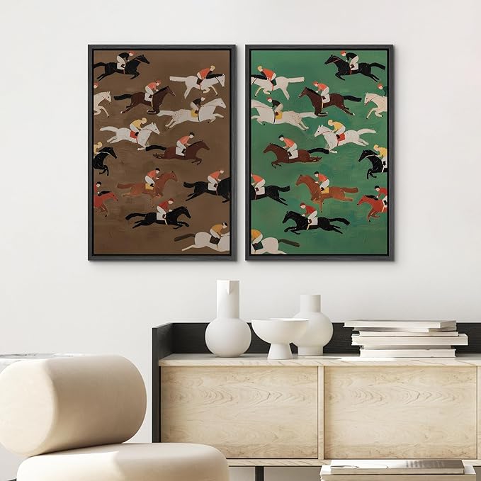SIGNWIN Framed Canvas Print Wall Art Set Vintage Horse Racing Jockeys Illustrations Modern Art Rustic Colorful Ultra for Living Room, Bedroom, Office - 24"x36"x2 Black