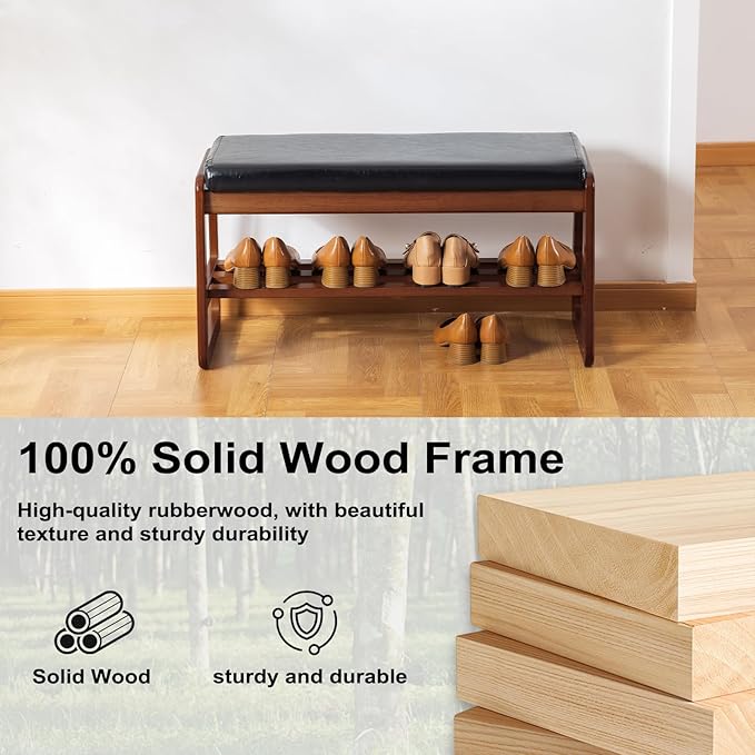 Solid Wood Shoe Bench, 2-Tier Wooden Entryway Bench, Modern Shoe Rack with Faux Leather Cushion for Hallway, Living Room (Green, 31.5'')