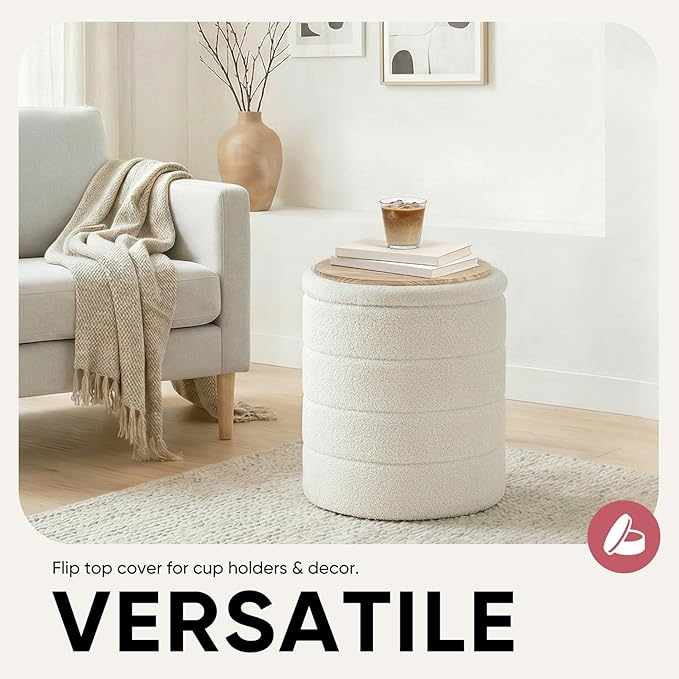 14.5" Round Storage Ottoman,Boucle Sherpa Ottoman with Tray, Faux Teddy Foot Rest Coffee Table for Bedroom Dorm Living Room,White