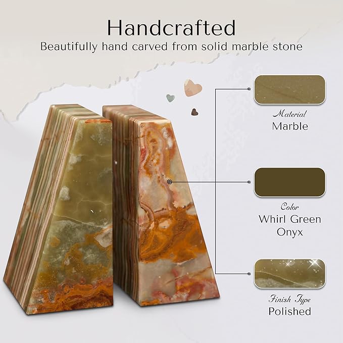 Modern Wedge Marble Bookends – Hand Carved, Polished Stone Bookends w/Non-Slip Rubber Pads – Lightweight & Compact Decorative Bookends (Whirl Green Onyx)