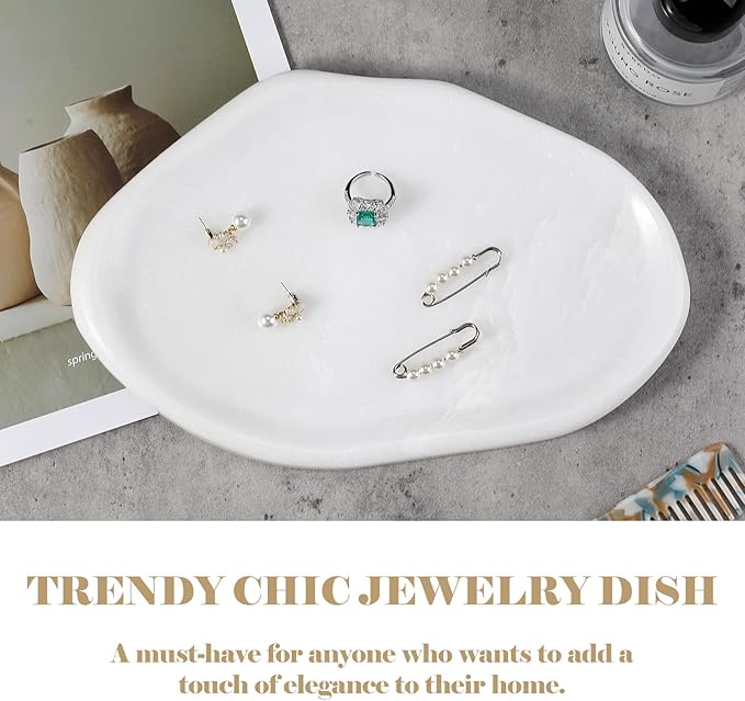 BCS Marble Jewelry Tray Trinket Dish, Decorative Cloud Vanity Key Tray for Women, Perfume Ring Holder Dish for Ring Earring, Cute Jewelry Plate Bowl Aesthetic Room Decor（White）