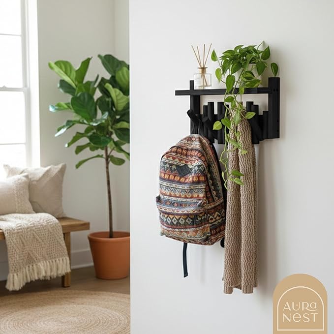 Bamboo Wall Mounted Coat Rack with Shelf Flip Down Wooden Hooks for Entryway Hallway Bedroom | Matte Black Piano Hanger, 5 Hooks, Space Saving Organizer