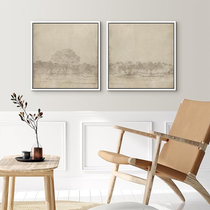 SIGNFORD Framed Canvas Print Wall Art Set Vintage Sepia Forest Landscape Neutral Toned Tree Scene Illustrations Modern Art Minimal Relax/Calm for Living Room, Bedroom, Office - 24"x24"x2 White