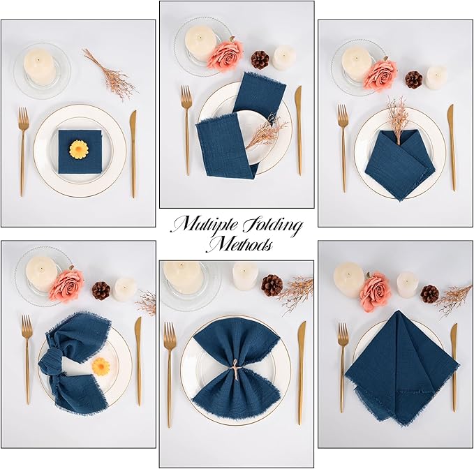 50 Pack Royal Blue Handmade Cloth Napkins 16 x 16 Inch Cotton Linen Napkins with Fringe, Washable and Reusable Napkins, Soft Rustic Boho Fringe Cloth Napkins for Dinners,Parties, Wedding