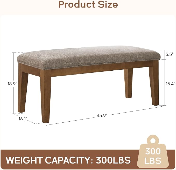 HUIMO Kitchen & Dining Room Benches, Fabric End of Bed Bench with Solid Wood, Upholstered Entryway Bench for Living Room, Bedroom (Brown)