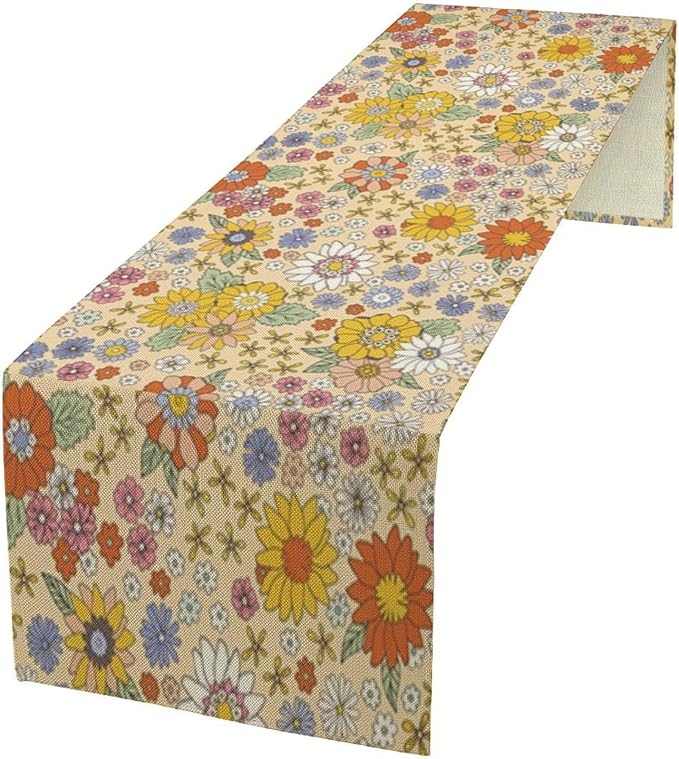 Retro Floral Table Runner Boho 70s Style Vintage Flower Hippie Groovy Abstract Pattern Dinner Runner for Home Kitchen Dining Table Party Decor 13"x90"