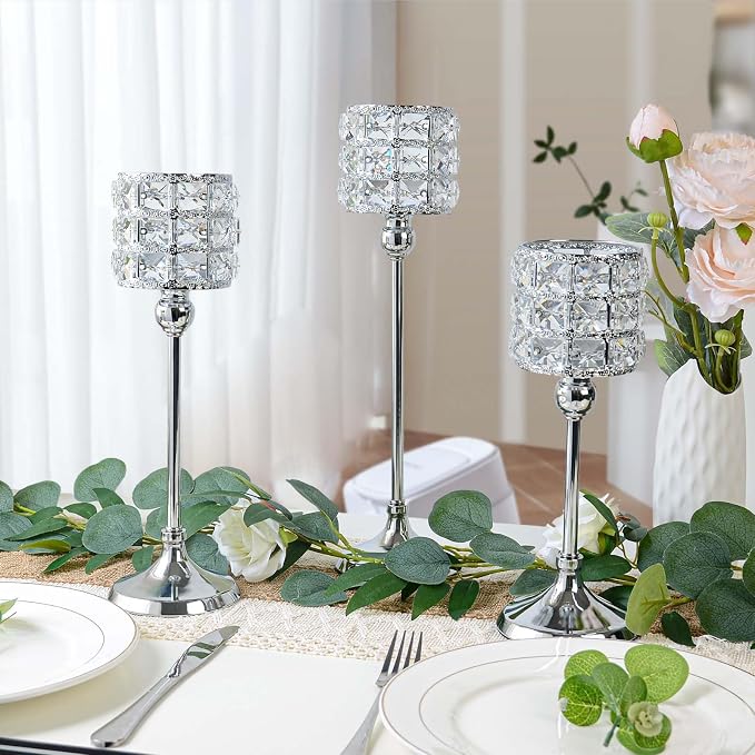 Set of 3 Candle Holders for Wedding Decor, Crystal Candlestick Centerpieces for Table, Tealight Holder for Halloween/Christmas/Party/Wedding Table Decoration (Silver)