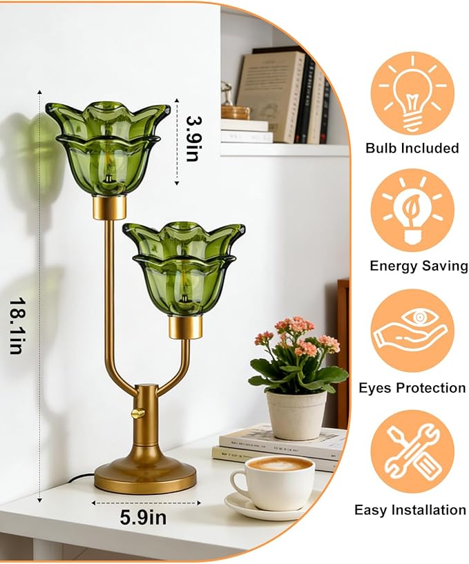 Lightdot Mid Century Modern Flower Table Lamp Gold Dimmable Green Glass Desk Lamps 2 Bulbs Included Bedside 3000K Warmwhite Nightstand Ambiance Lamp for Living Room Bedroom