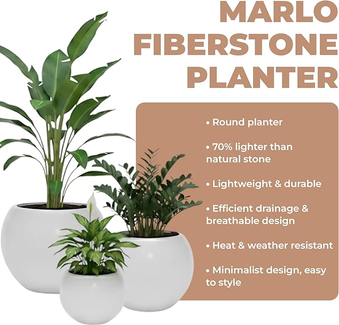 Marlo Fiberstone Round Planter (8.5" Pot Opening x 12..6" D x 9.8" H) Smooth Finishes, Lightweight, Durable, UV Resistant, Modern Minimalist Home Decor, Indoor Outdoor Plant Pot (S, White)
