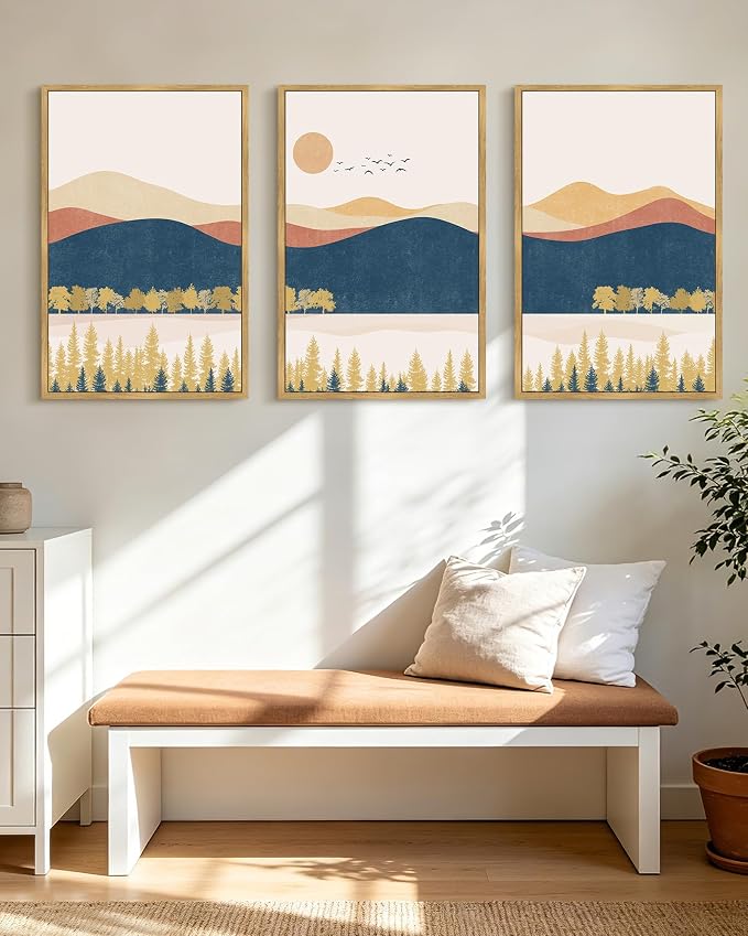 KUVIOKE Bohemain Mountain Landscape Framed Canvas Wall Art Watercolor Nature Artwork Painting Boho Farmhouse Rustic Room Decor for Bedroom Living Room 24x36in (Natural Framed)