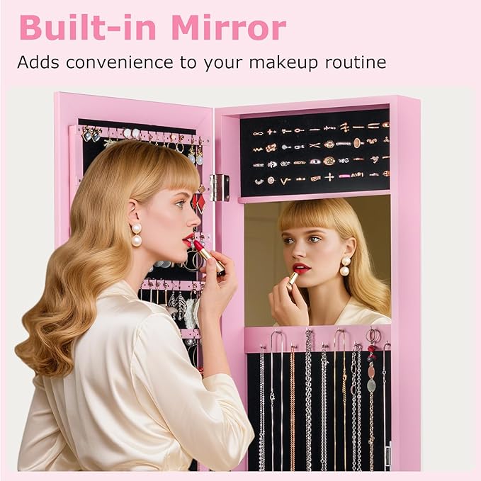 GOFLAME Mirror Jewelry Cabinet Wall Mounted, 43.5” Full Length Mirror with Storage, Interior Build-in Mirror, Over the Door Jewelry Chest, Modern Jewelry Storage Organizer for Women, Pink