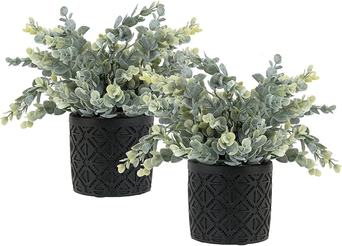 MyGift Artificial Eucalyptus Plant in Modern Gray Concrete Pots with Geometric Embossed Pattern (2, Black)