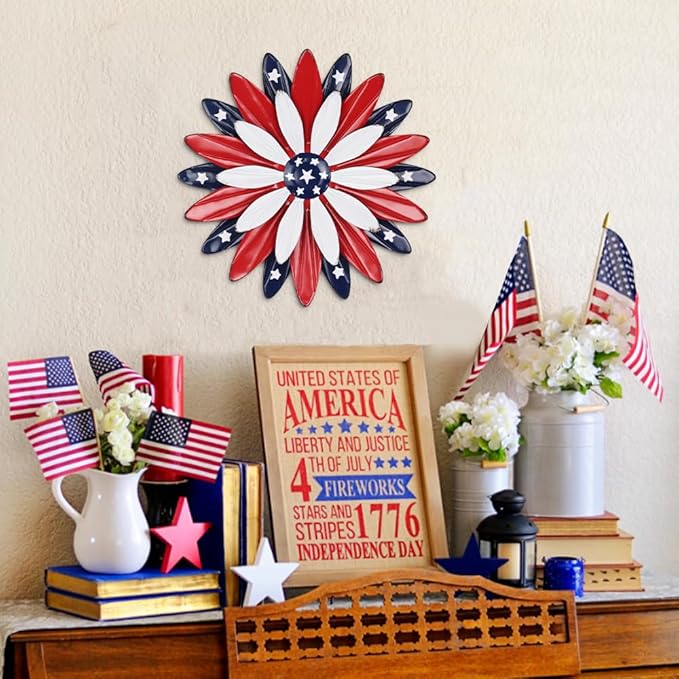 hogardeck 4th of July Decorations Outdoor, 11 inch Red White and Blue Metal Flower Wall Art for Fourth of July Decor, Patriotic Decorations for Yard Garden Home Indoor Mantel